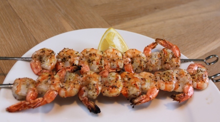 Grilled Shrimp w/ Lemon Garlic Pepper from Dr. Dor's in an Outset Shrimp Pan  on a Ñuke Grill. 